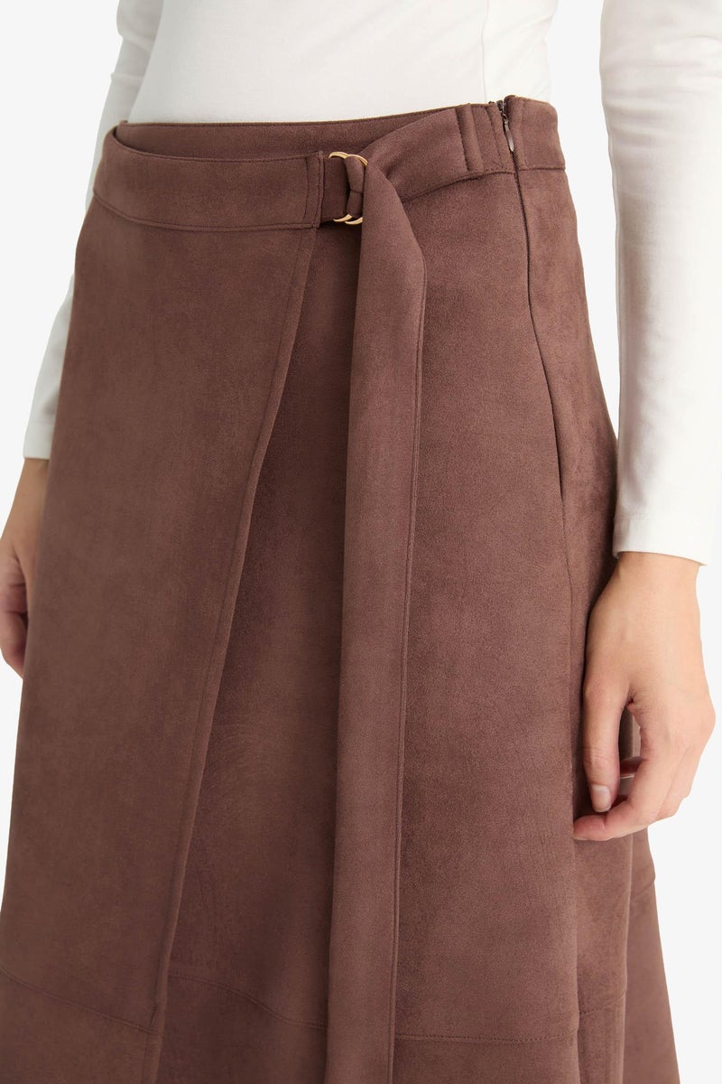 DeFacto Brown Woman Wrap Suede Midi Skirt Casual - Image 3